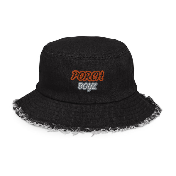 PORCHBOYZ (BLK/ORN/SLV/WHT) Distressed denim bucket hat